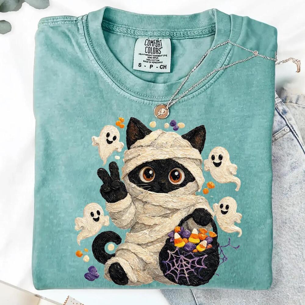 Cute Mummy Cat Shirt, Halloween Cat Shirt, Black Cat Mummy Tee,